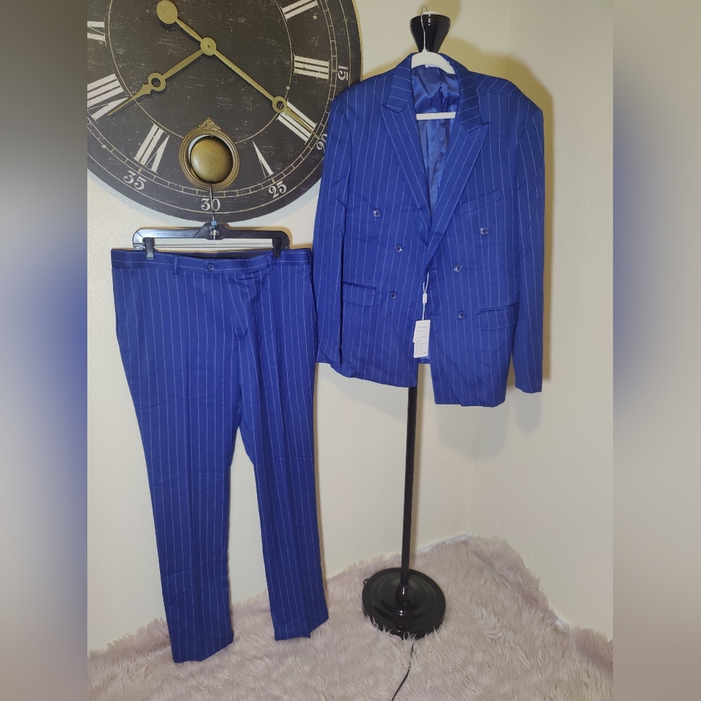 Wehilion Mens Suits 3 Piece Double Breasted Wide Chalk Stripe Suit Royal Blue